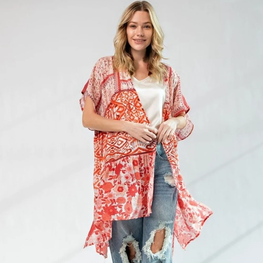 Easel "Lunch In The Garden" Orange and White Floral Boho Kimono, Size 3X. NWT - Picture 3 of 11